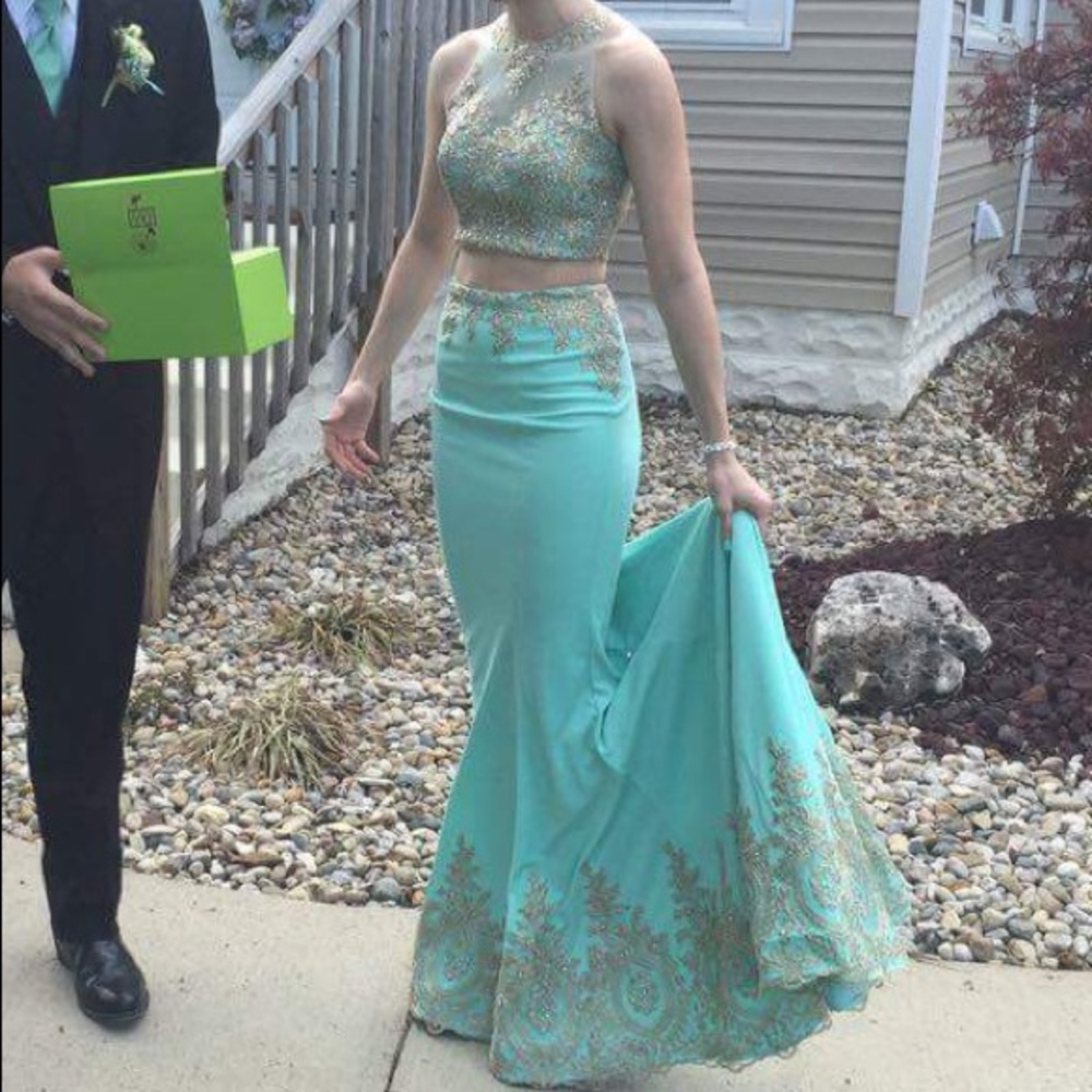 Teal two piece prom dress